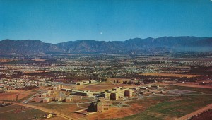 Aerial view of Sepulveda Veterans Hospital, North Hills, at the intersection of Plummer St. and Haskell Ave. Circa 1955, based on completion date of hospital.